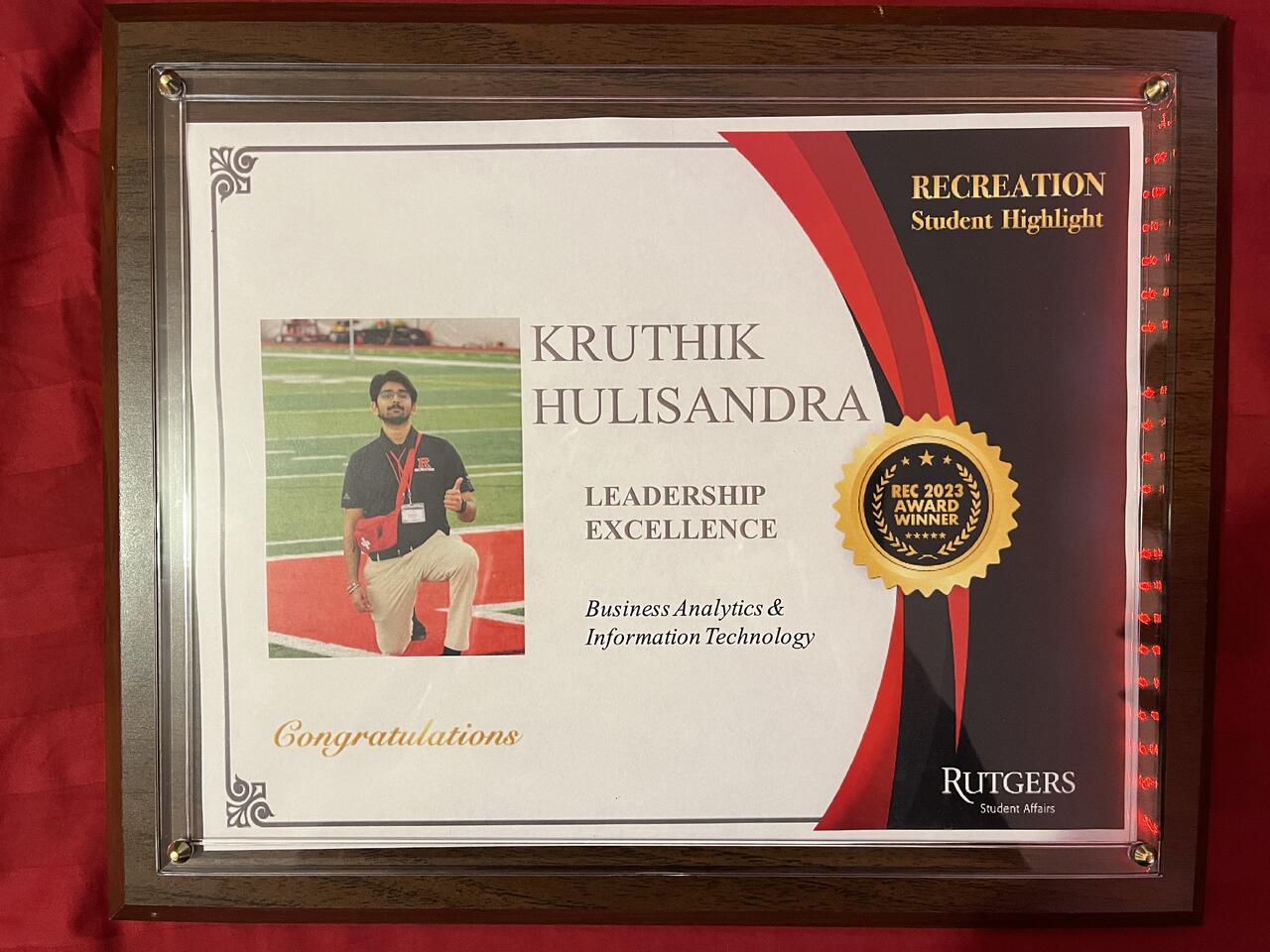 Rutgers Recreation Leadership Excellence Award plaque