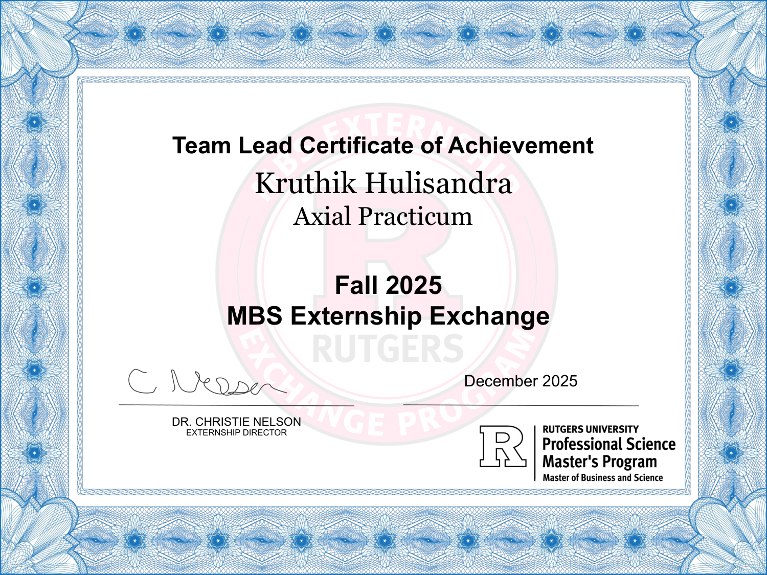 Team Lead Certificate of Achievement